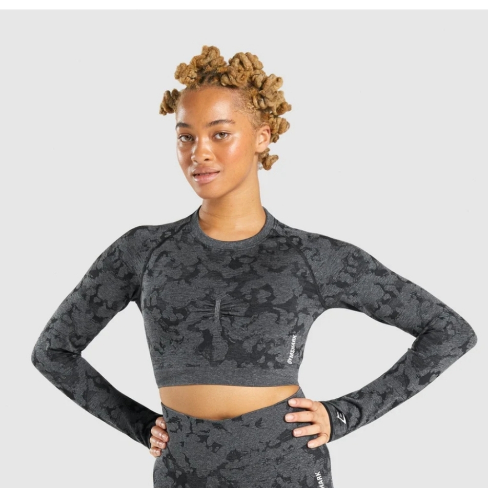 Seamless Long Sleeve Crop Top Only- Charcoal Camo
